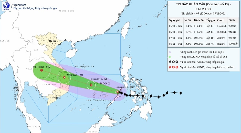 Bão KALMAEGI đã vào biển Đông thành cơn bão số 13, có thể đạt cấp 14, giật cấp 17