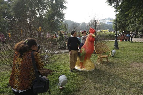Một con gà trống bằng chất liệu gốm được trung bày tại vườn hoa bên hồ Hoàn Kiếm được nhiều người chọn chụp ảnh lưu niệm cùng